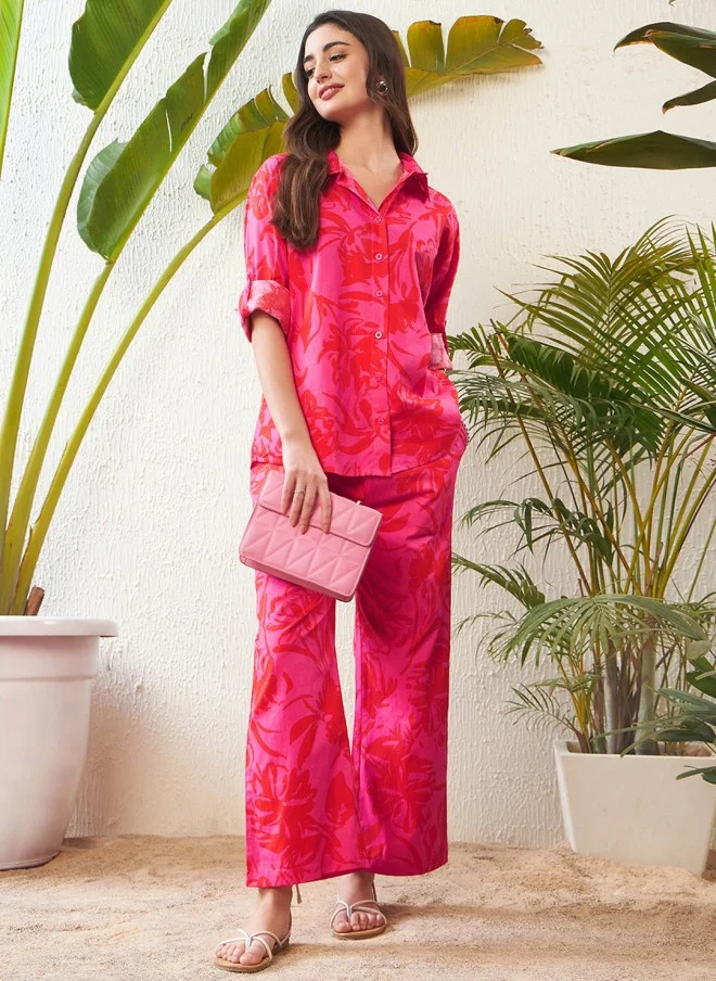 ساسافراس قميص وبنطلون قطن بطبعة زهور ماجنتا للنساء