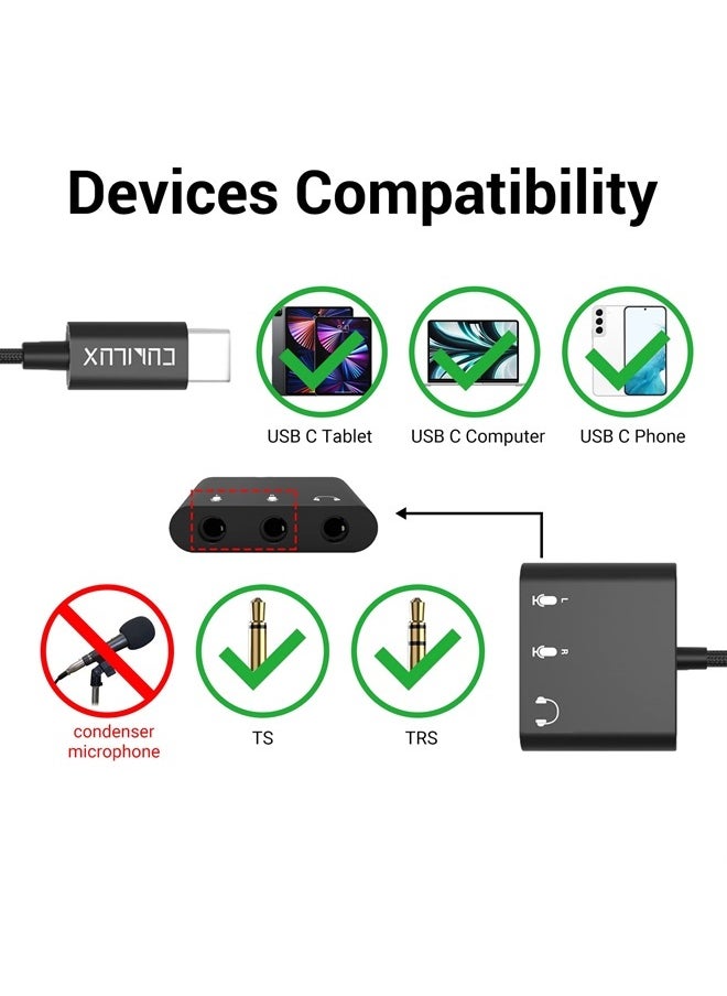 USB C to Dual TRS Microphone Splitter with Monitoring Headphone Jack for Stereo Recording, Podcasting Interviewing, USB C to TRS Double MIC Adapter, Compatible with iPad 10, iPad Pro, iPad Air