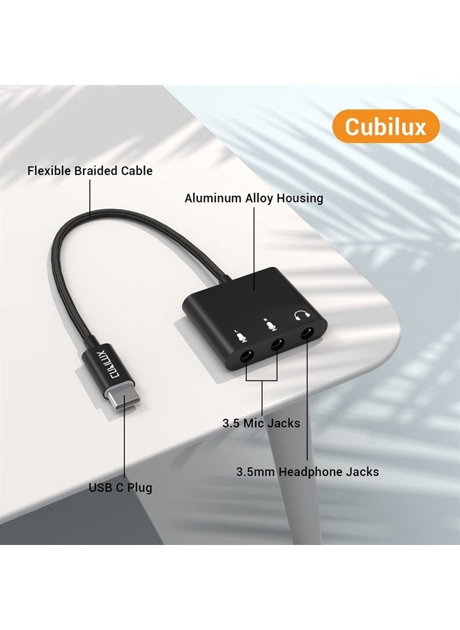 USB C to Dual TRS Microphone Splitter with Monitoring Headphone Jack for Stereo Recording, Podcasting Interviewing, USB C to TRS Double MIC Adapter, Compatible with iPad 10, iPad Pro, iPad Air