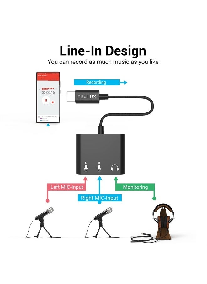 USB C to Dual TRS Microphone Splitter with Monitoring Headphone Jack for Stereo Recording, Podcasting Interviewing, USB C to TRS Double MIC Adapter, Compatible with iPad 10, iPad Pro, iPad Air