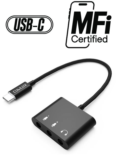 USB C to Dual TRS Microphone Splitter with Monitoring Headphone Jack for Stereo Recording, Podcasting Interviewing, USB C to TRS Double MIC Adapter, Compatible with iPad 10, iPad Pro, iPad Air