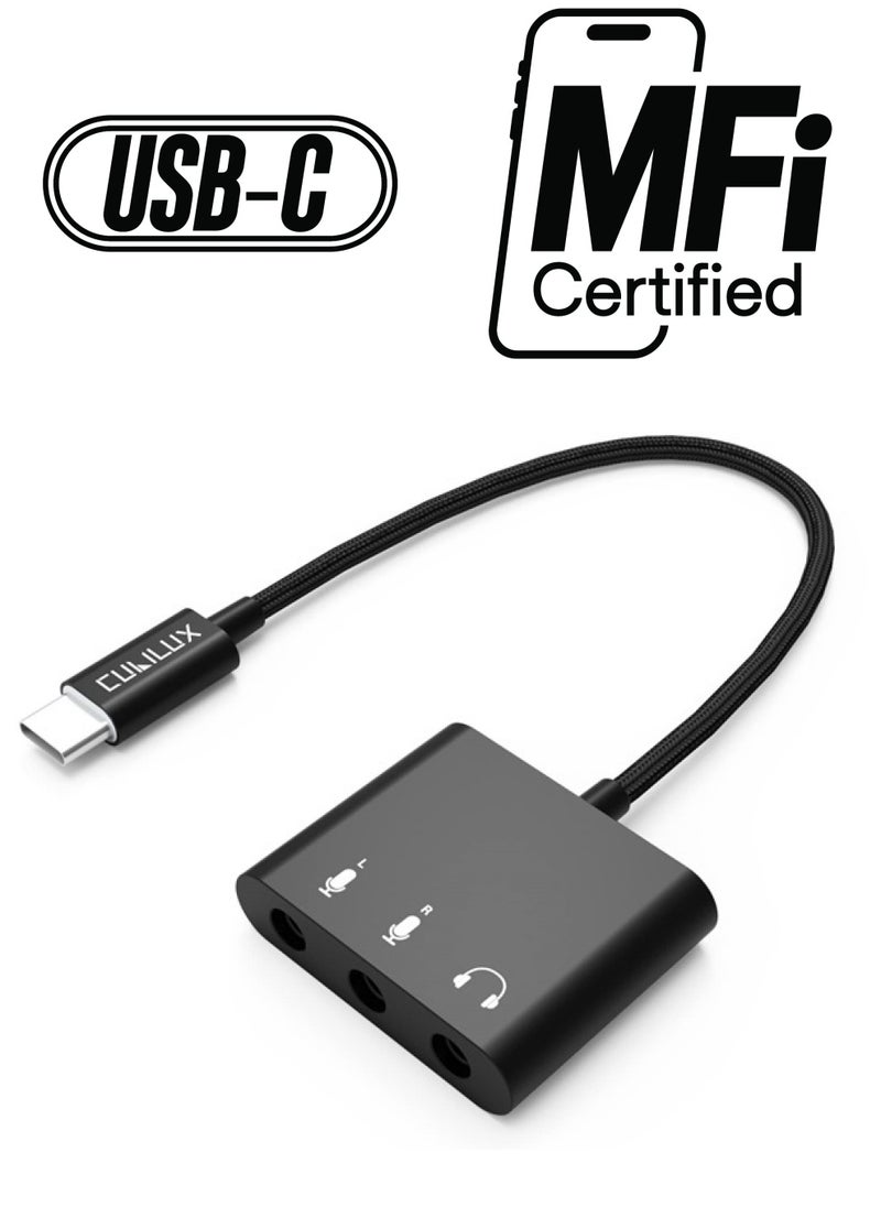 USB C to Dual TRS Microphone Splitter with Monitoring Headphone Jack for Stereo Recording, Podcasting Interviewing, USB C to TRS Double MIC Adapter, Compatible with iPad 10, iPad Pro, iPad Air