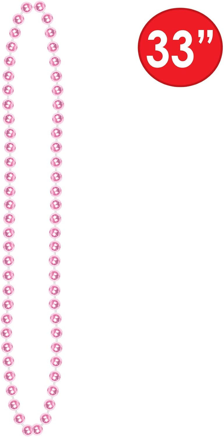 Beistle 12-Pack Pink Small Round Metallic Plastic Party Beads - 7mm x 33" Necklaces for Mardi Gras and Baby Showers - Image 3
