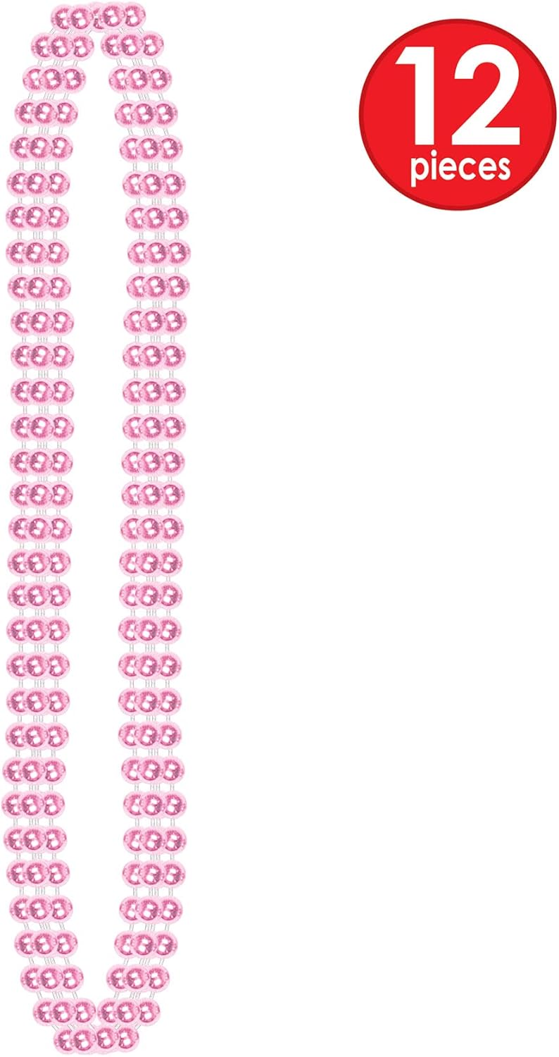 Beistle 12-Pack Pink Small Round Metallic Plastic Party Beads - 7mm x 33" Necklaces for Mardi Gras and Baby Showers - Image 4