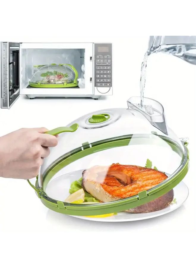 1pc 10 Inch Heat Resistant Clear Microwave Splatter Guard With Green Handle Food Cover And Water Steamer Lid Keeps Meal Warm Ideal For Salmon And Veggies - Image 1