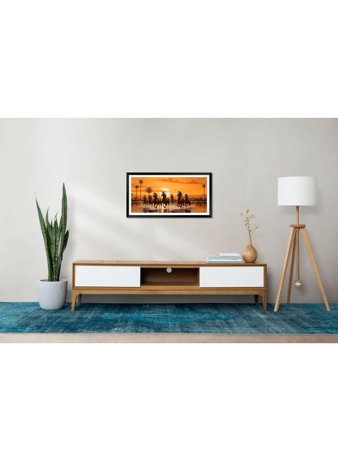 Canvas Pe لوحة فنية تجريدية لخيول عداءة على قماش بي 7 - صورة شروق الشمس مع إطار مطبوع مغلف - خيول بنية تجري من أجل ديكور المكتب 14x26 بوصة خشب - Image 3