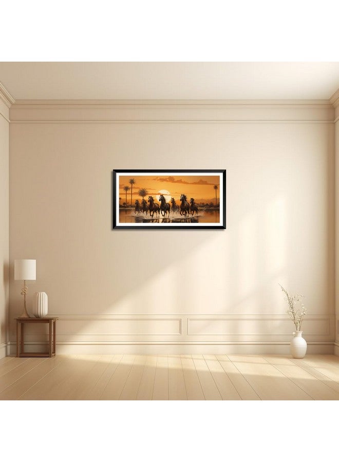 Canvas Pe لوحة فنية تجريدية لخيول عداءة على قماش بي 7 - صورة شروق الشمس مع إطار مطبوع مغلف - خيول بنية تجري من أجل ديكور المكتب 14x26 بوصة خشب - Image 2