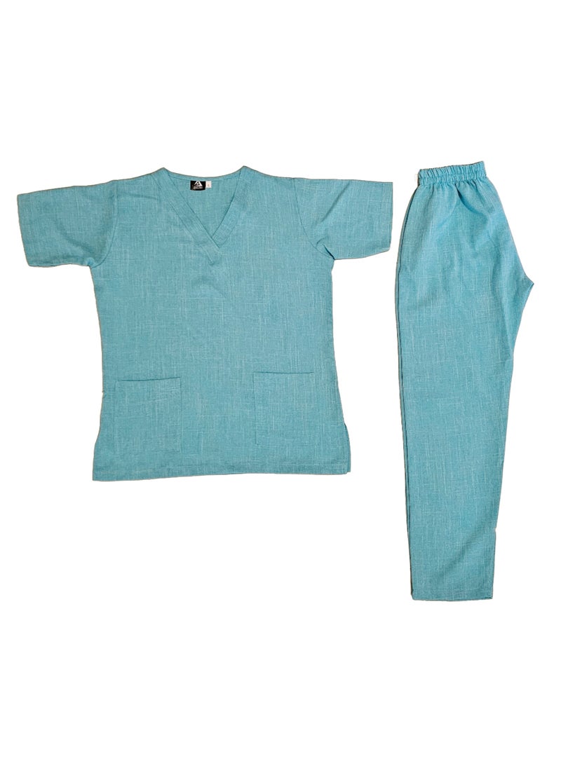 Rannah's Uniform - Melange Scrub Suit Uniform Unisex Cyan V-Neck Nurse Suit Set - Image 1