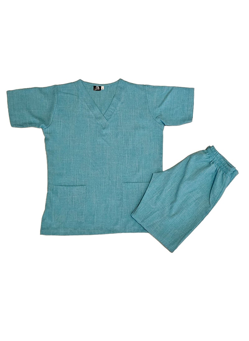 Rannah's Uniform - Melange Scrub Suit Uniform Unisex Cyan V-Neck Nurse Suit Set - Image 1
