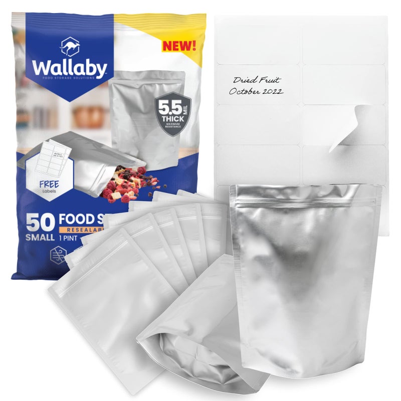 Wallaby 50 Count 1-Pint Gusset Mylar Bags with Labels, 11 Mil Total Thickness Long-Term Food Storage Pouches, 8x6 Stand-Up Zipper Heat-Sealable Airtight Packaging - Silver - Image 1