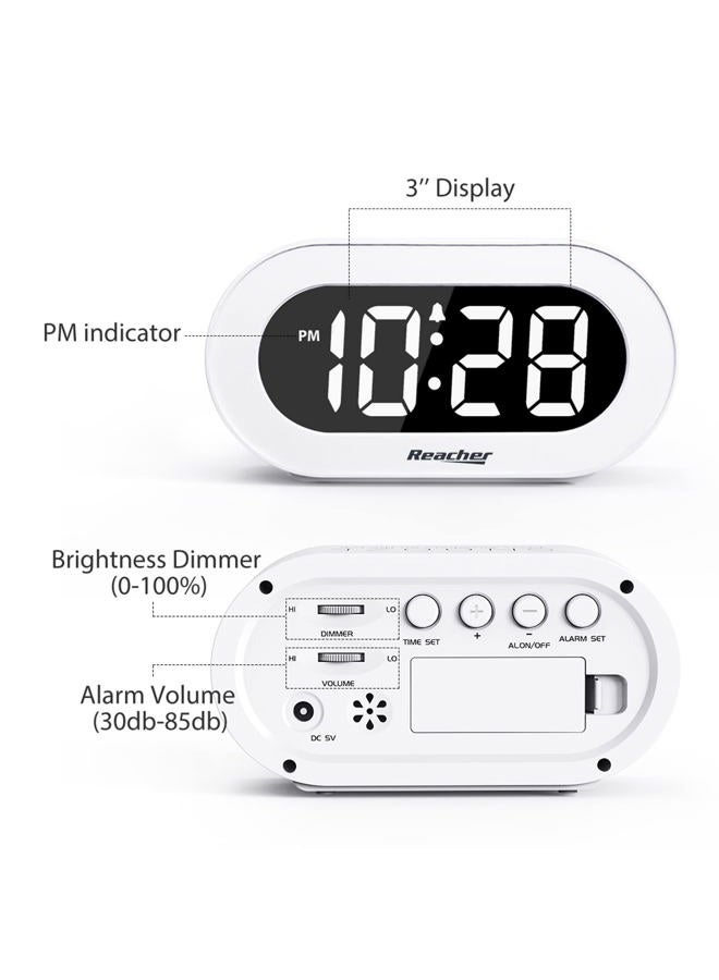 REACHER Small LED Digital Alarm Clock with Snooze, Simple to Operate, Full Range Brightness Dimmer, Adjustable Alarm Volume, Outlet Powered Compact Clock for Bedrooms, Bedside, Desk, Shelf(White) - Image 4