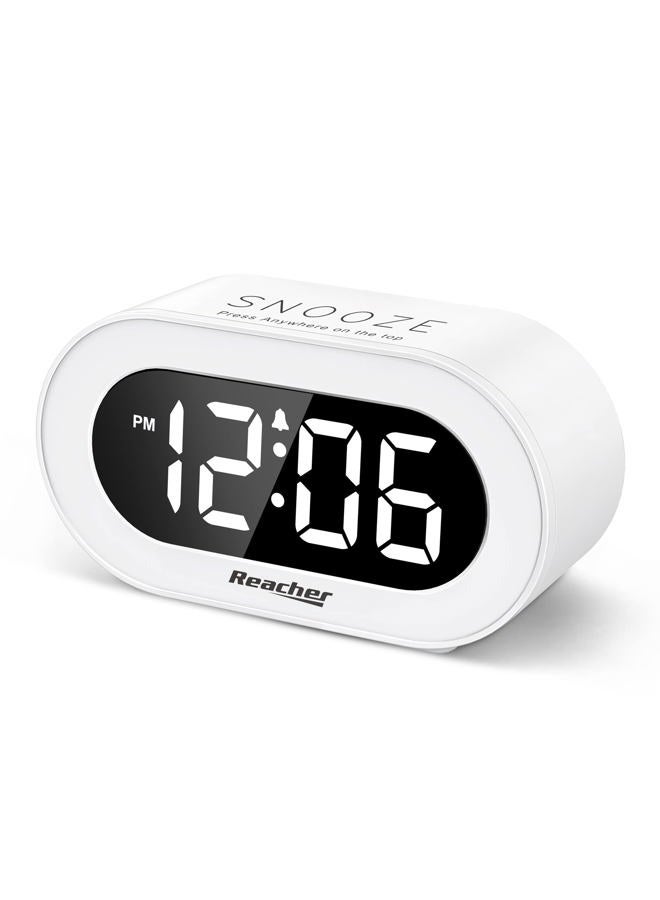 REACHER Small LED Digital Alarm Clock with Snooze, Simple to Operate, Full Range Brightness Dimmer, Adjustable Alarm Volume, Outlet Powered Compact Clock for Bedrooms, Bedside, Desk, Shelf(White) - Image 1