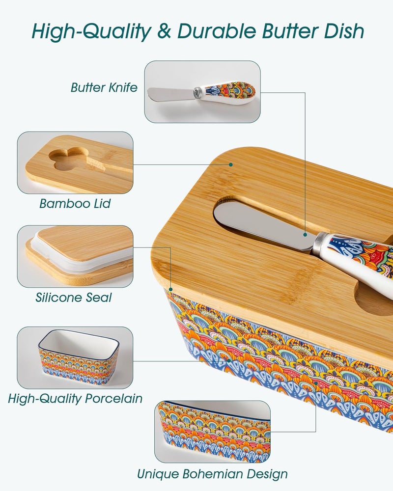 vancasso SIMI Butter Dish with Lid, 6.5" Large Butter Dish for Countertop, Bohemian Ceramic Butter Keeper Container with Knife and Bamboo Lid, Butter Holder for Counter, Regal Bloom - Image 5