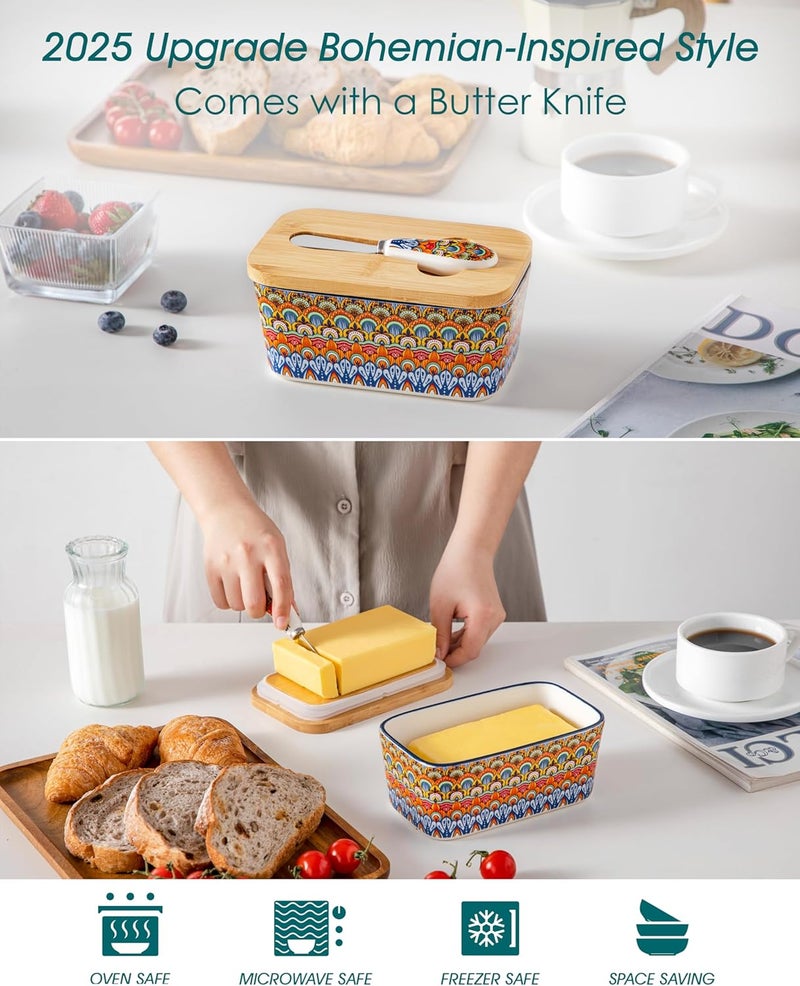 vancasso SIMI Butter Dish with Lid, 6.5" Large Butter Dish for Countertop, Bohemian Ceramic Butter Keeper Container with Knife and Bamboo Lid, Butter Holder for Counter, Regal Bloom - Image 4