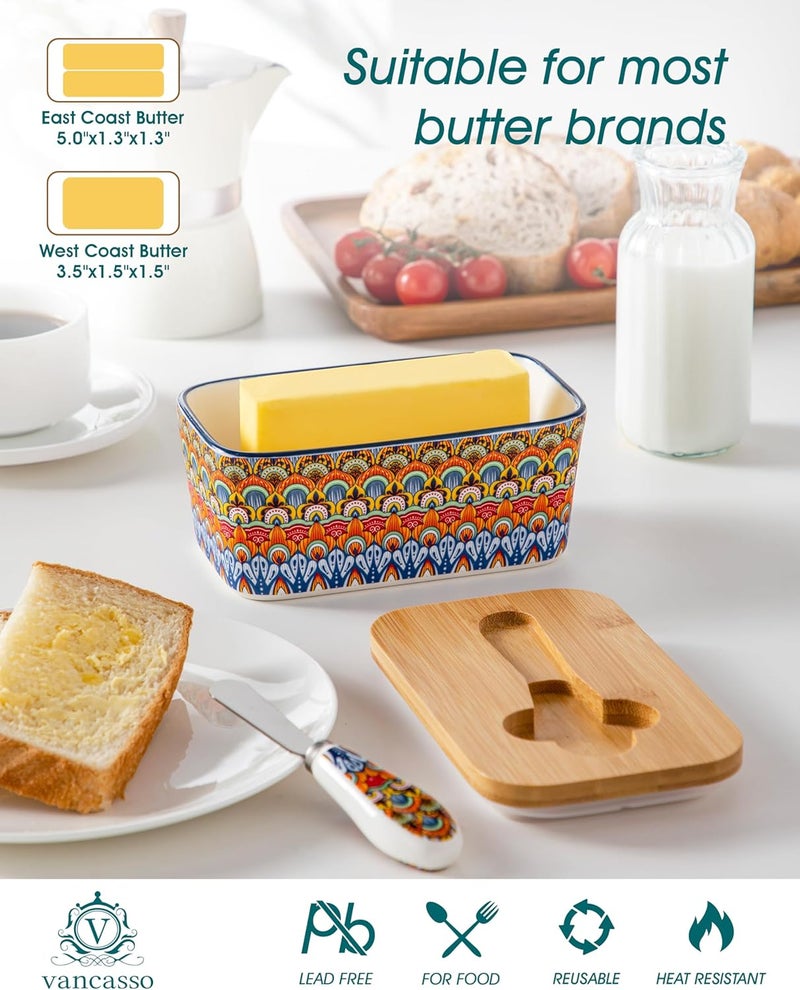 vancasso SIMI Butter Dish with Lid, 6.5" Large Butter Dish for Countertop, Bohemian Ceramic Butter Keeper Container with Knife and Bamboo Lid, Butter Holder for Counter, Regal Bloom - Image 3