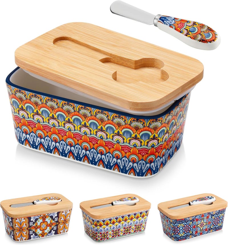 vancasso SIMI Butter Dish with Lid, 6.5" Large Butter Dish for Countertop, Bohemian Ceramic Butter Keeper Container with Knife and Bamboo Lid, Butter Holder for Counter, Regal Bloom - Image 1