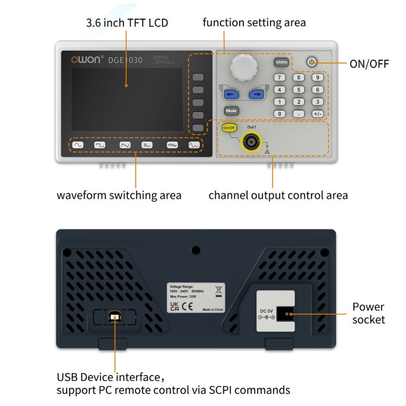 OWON DGE1030 30MHz 125MSa/s Arbitrary Waveform Generator Single Channel 1CH 3.6inch LCD Display Benchtop 14Bits Waveform Generator - Image 5