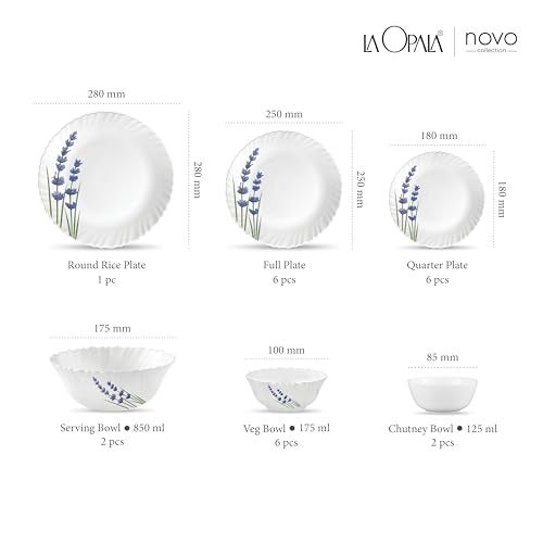 La Opala Novo Collection Opal Glass Crockery | for Family of 6 | Dinner Set 23 pcs English Lavender | Plates & Bowls for Dining | Microwave Safe | 100% Vegetarian | Extra Strong | Light & White - Image 3