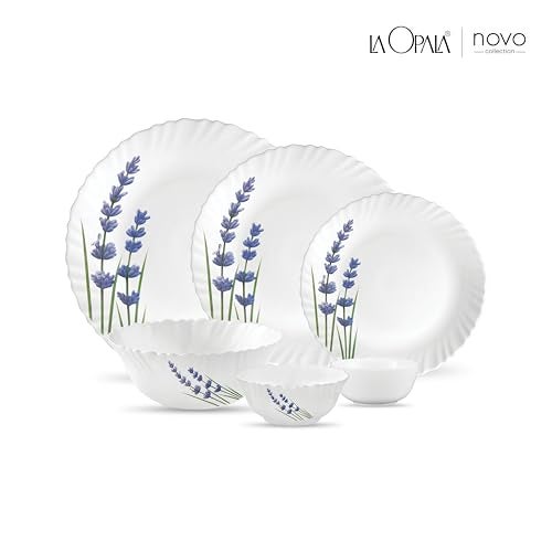 La Opala Novo Collection Opal Glass Crockery | for Family of 6 | Dinner Set 23 pcs English Lavender | Plates & Bowls for Dining | Microwave Safe | 100% Vegetarian | Extra Strong | Light & White - Image 2
