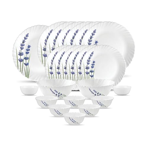 La Opala Novo Collection Opal Glass Crockery | for Family of 6 | Dinner Set 23 pcs English Lavender | Plates & Bowls for Dining | Microwave Safe | 100% Vegetarian | Extra Strong | Light & White - Image 1