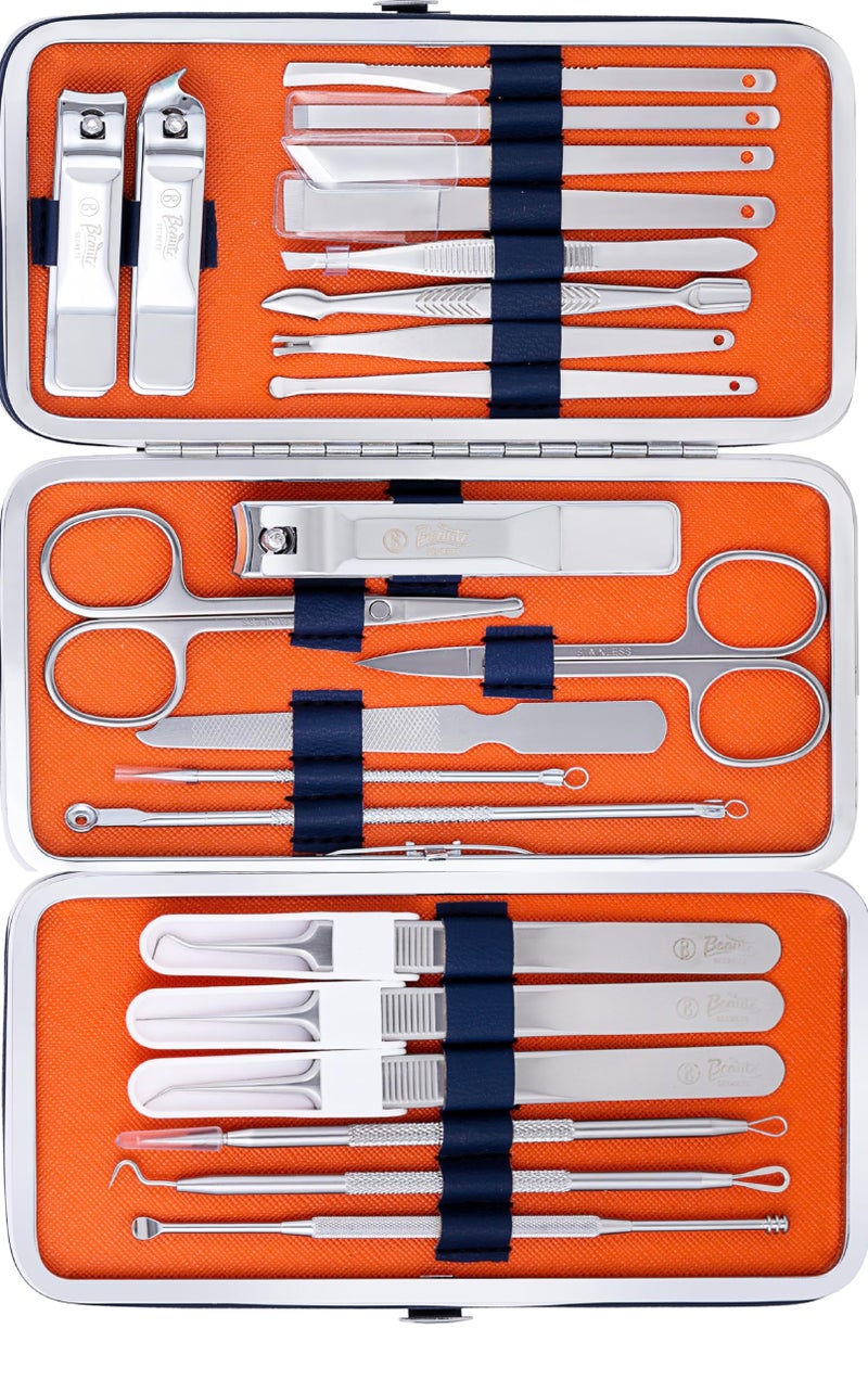 Beauté Secrets Manicure Set, 22 in 1 Stainless Steel Professional Pedicure Kit Nail Scissors Grooming Kit with Mirror and Blue Leather Travel Case, Double Layer, Complete Nail Cutter Set for Adults, Nail Care, and Nail Art – Grooming Kit for Men and Women, Orange - Image 1