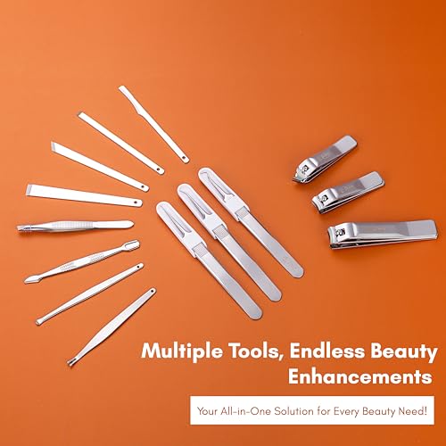 Beauté Secrets Manicure Set, 22 in 1 Stainless Steel Professional Pedicure Kit Nail Scissors Grooming Kit with Mirror and Blue Leather Travel Case, Double Layer, Complete Nail Cutter Set for Adults, Nail Care, and Nail Art – Grooming Kit for Men and Women, Orange - Image 5