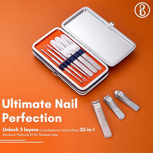 Beauté Secrets Manicure Set, 22 in 1 Stainless Steel Professional Pedicure Kit Nail Scissors Grooming Kit with Mirror and Blue Leather Travel Case, Double Layer, Complete Nail Cutter Set for Adults, Nail Care, and Nail Art – Grooming Kit for Men and Women, Orange - Image 2