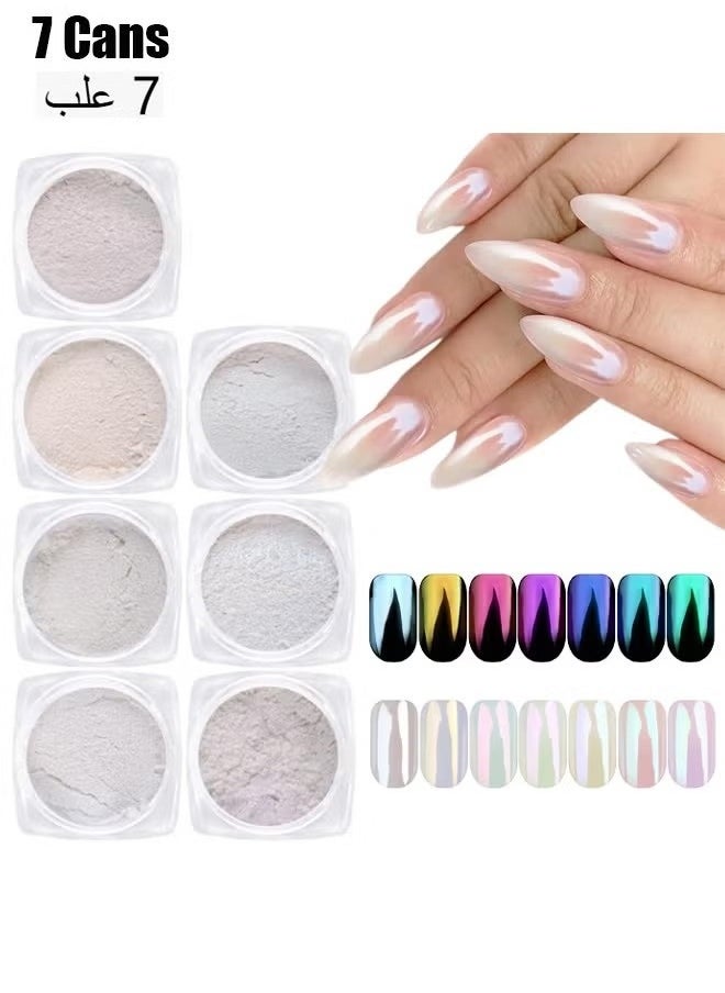 GOOD DEAL 7 Colors White Pearl Chrome Nail Powder Kit,Aurora Metallic Nail Powder Holographic Mirror Gradient Effect Chrome Powder,Iridescent Pearlescent Shell Powder Glitter Nail Pigment Powder for Nails Art  - Image 1