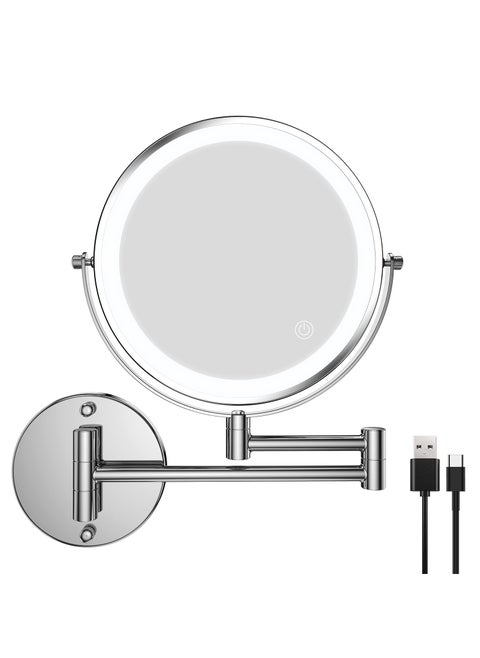 SYOSI Wall Mounted Lighted Makeup Mirror, Rechargeable 8 inches Bathroom Mirror 10X Magnification Mirror 360° Rotation Extendable LED Mirror with 3 Color Lighting/Touch Screen Dimming