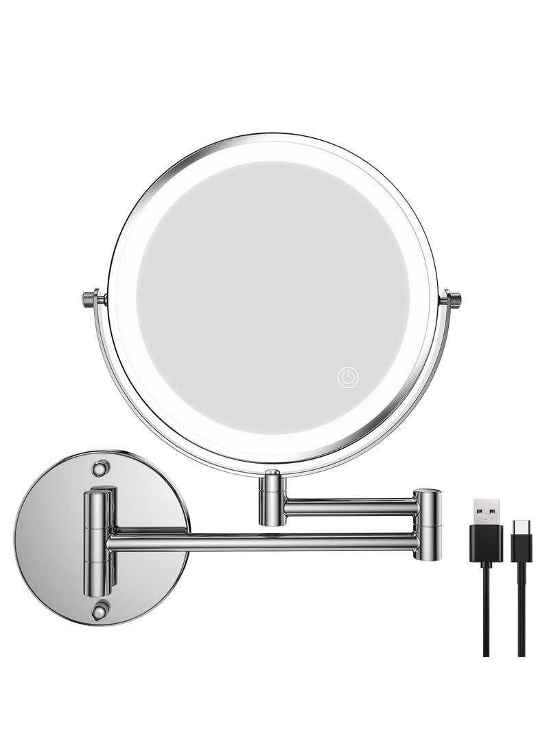 SYOSI Wall Mounted Lighted Makeup Mirror, Rechargeable 8 inches Bathroom Mirror 10X Magnification Mirror 360° Rotation Extendable LED Mirror with 3 Color Lighting/Touch Screen Dimming