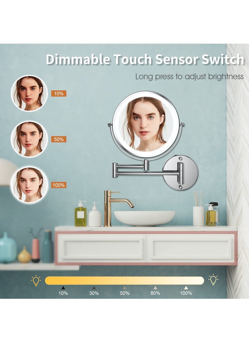 SYOSI Wall Mounted Lighted Makeup Mirror, Rechargeable 8 inches Bathroom Mirror 10X Magnification Mirror 360° Rotation Extendable LED Mirror with 3 Color Lighting/Touch Screen Dimming