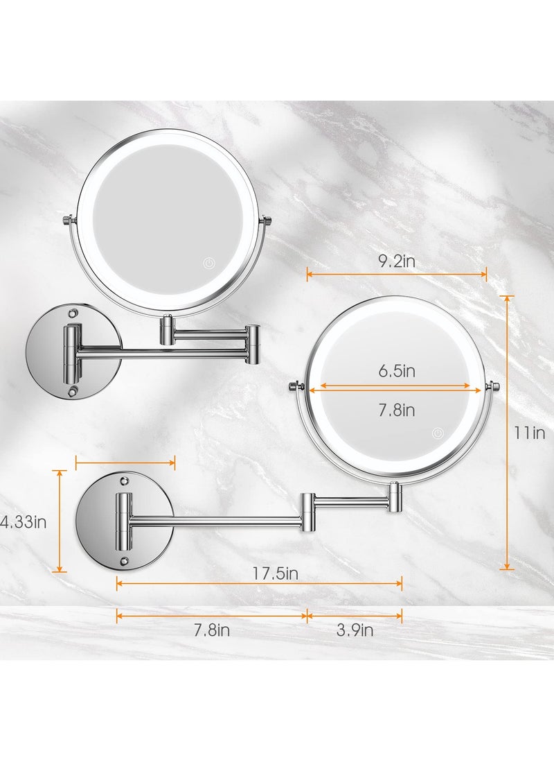 SYOSI Wall Mounted Lighted Makeup Mirror, Rechargeable 8 inches Bathroom Mirror 10X Magnification Mirror 360° Rotation Extendable LED Mirror with 3 Color Lighting/Touch Screen Dimming