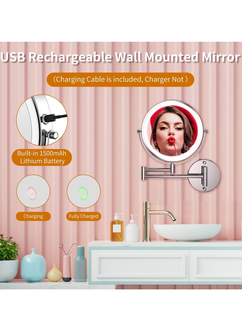 SYOSI Wall Mounted Lighted Makeup Mirror, Rechargeable 8 inches Bathroom Mirror 10X Magnification Mirror 360° Rotation Extendable LED Mirror with 3 Color Lighting/Touch Screen Dimming