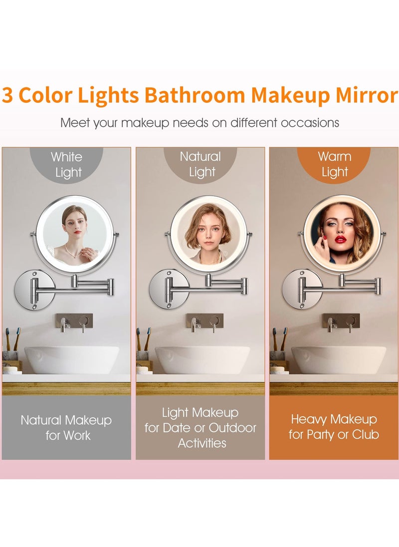 SYOSI Wall Mounted Lighted Makeup Mirror, Rechargeable 8 inches Bathroom Mirror 10X Magnification Mirror 360° Rotation Extendable LED Mirror with 3 Color Lighting/Touch Screen Dimming
