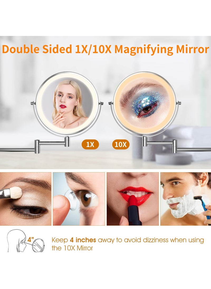 SYOSI Wall Mounted Lighted Makeup Mirror, Rechargeable 8 inches Bathroom Mirror 10X Magnification Mirror 360° Rotation Extendable LED Mirror with 3 Color Lighting/Touch Screen Dimming