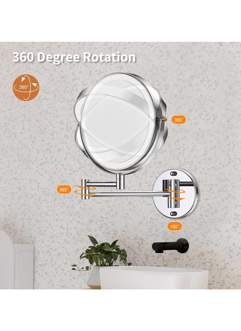 SYOSI Wall Mounted Lighted Makeup Mirror, Rechargeable 8 inches Bathroom Mirror 10X Magnification Mirror 360° Rotation Extendable LED Mirror with 3 Color Lighting/Touch Screen Dimming