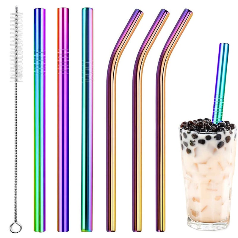 Vinaco Reusable Smoothie & Milkshake Straws, 0.5'' Wide Stainless Steel, 10.5'' & 8.5'' Long, 6 Pack with 1 Cleaner - Image 1