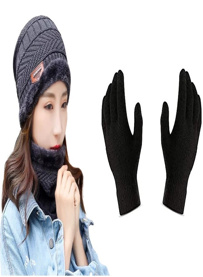 EMPOISON Winter Hat, Scarf, Gloves Set Beanie Woolen Skull Cap Touch Screen Gloves Circle neck Warmer for Women (Grey) - Image 2