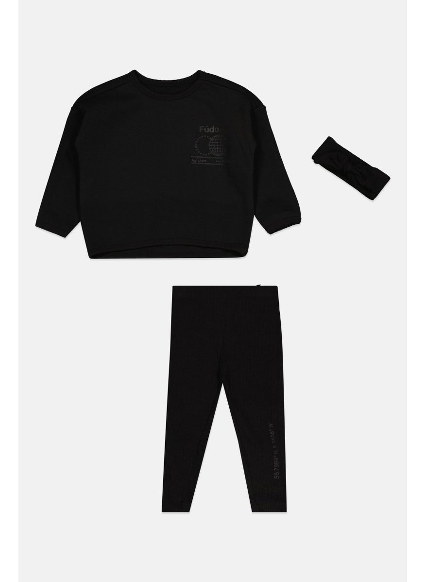 Fudo Toddlers Girl 3 Pcs Sweatshirt And Leggings Set, Black  - Image 1