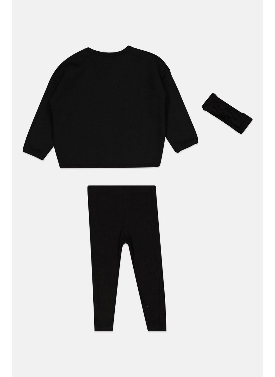 Fudo Toddlers Girl 3 Pcs Sweatshirt And Leggings Set, Black  - Image 2