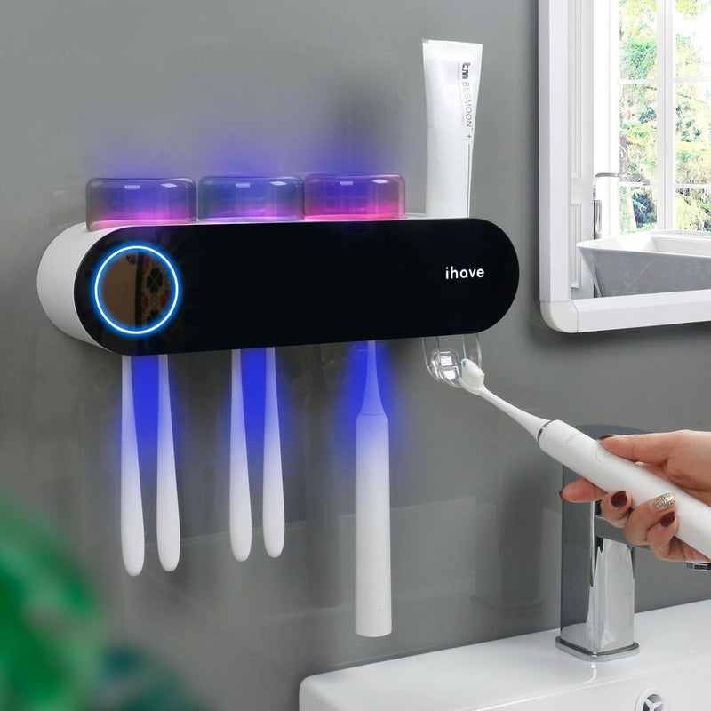 iHave Toothbrush Holders for Bathrooms, UV Toothbrush Sanitizer and Holder Smart Home Bathroom Accessories, 3 Cups Electric Toothbrush Holder Wall Mounted with Toothpaste Dispenser Bathroom Decor - Image 2