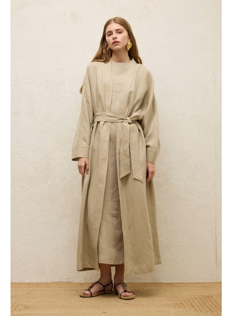 Manuka Linen Long Kimono Jacket Sand - Image 2