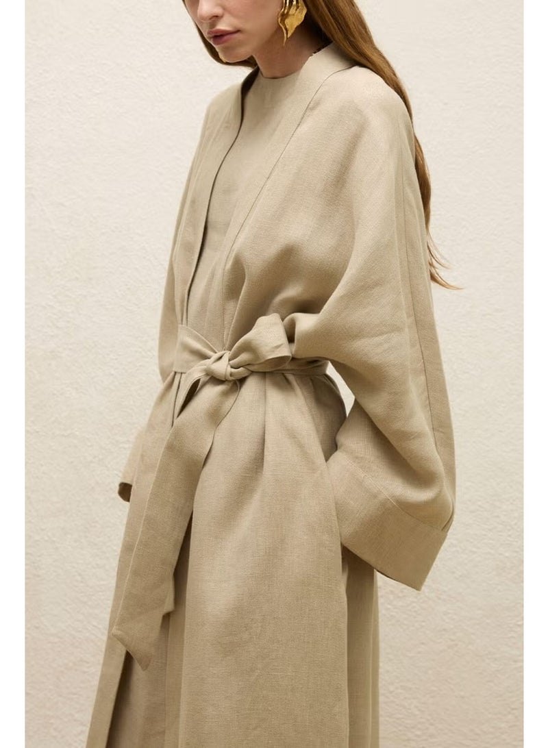 Manuka Linen Long Kimono Jacket Sand - Image 1