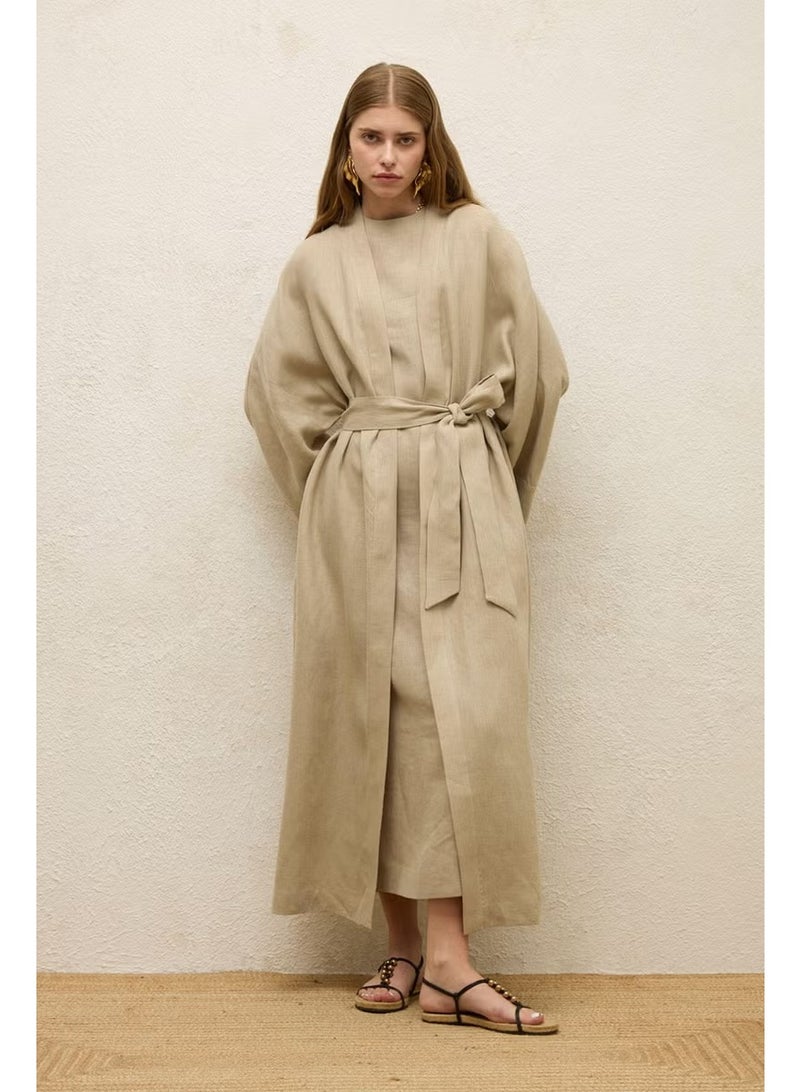 Manuka Linen Long Kimono Jacket Sand - Image 4