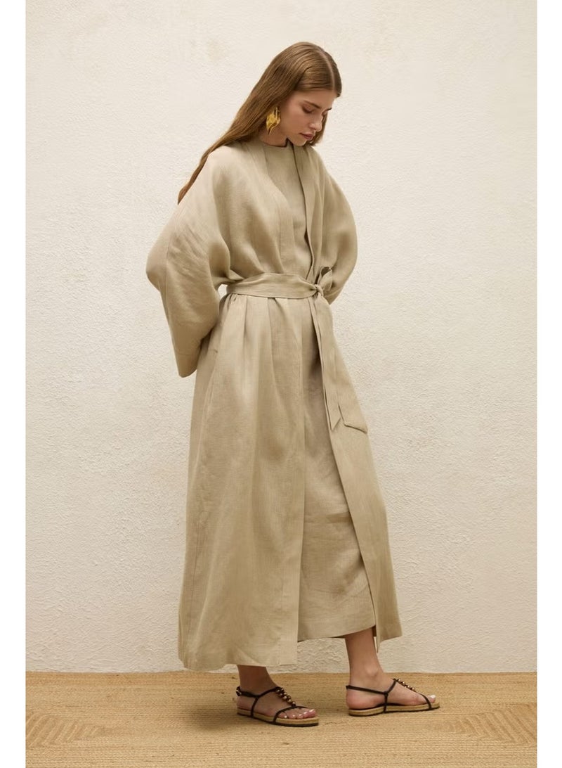 Manuka Linen Long Kimono Jacket Sand - Image 3