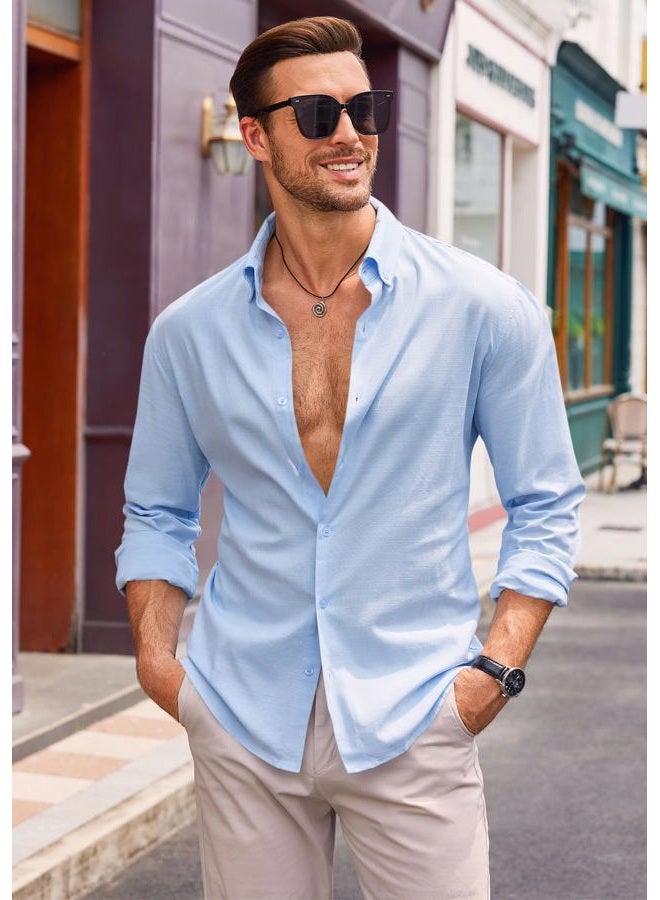 Runcati Mens Button Down Shirt Cotton Linen Casual Long Sleeve Shirts Collared Hippie Beach Tops Sky Blue - Image 2