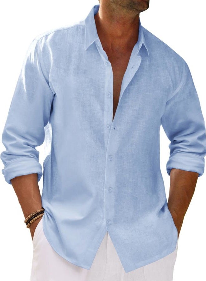 Runcati Mens Button Down Shirt Cotton Linen Casual Long Sleeve Shirts Collared Hippie Beach Tops Sky Blue - Image 1