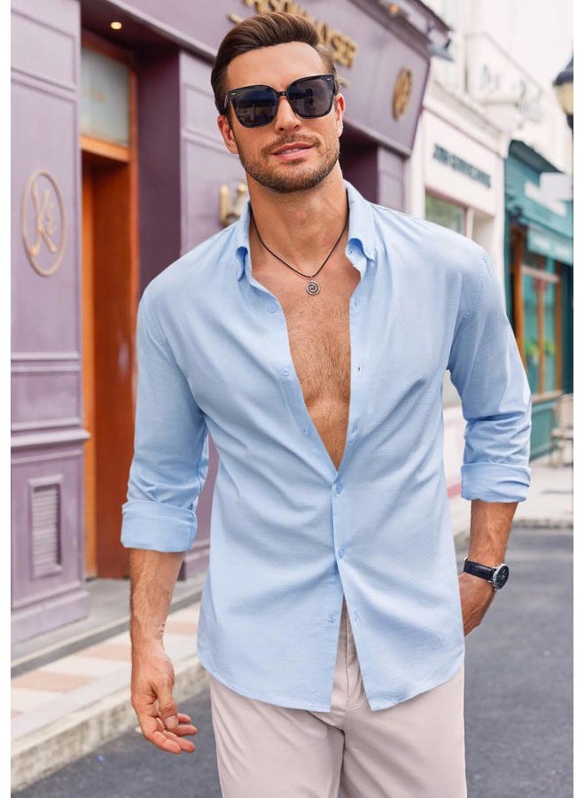 Runcati Mens Button Down Shirt Cotton Linen Casual Long Sleeve Shirts Collared Hippie Beach Tops Sky Blue - Image 3