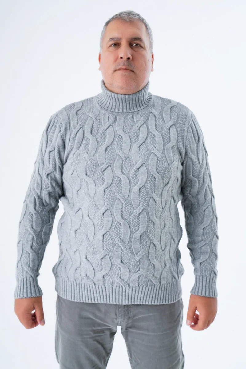 Trist Star Plus Size Men's Gray Turtleneck Rice Hair Knitted Wool Sweater Knitted Sweater TRIST-2118