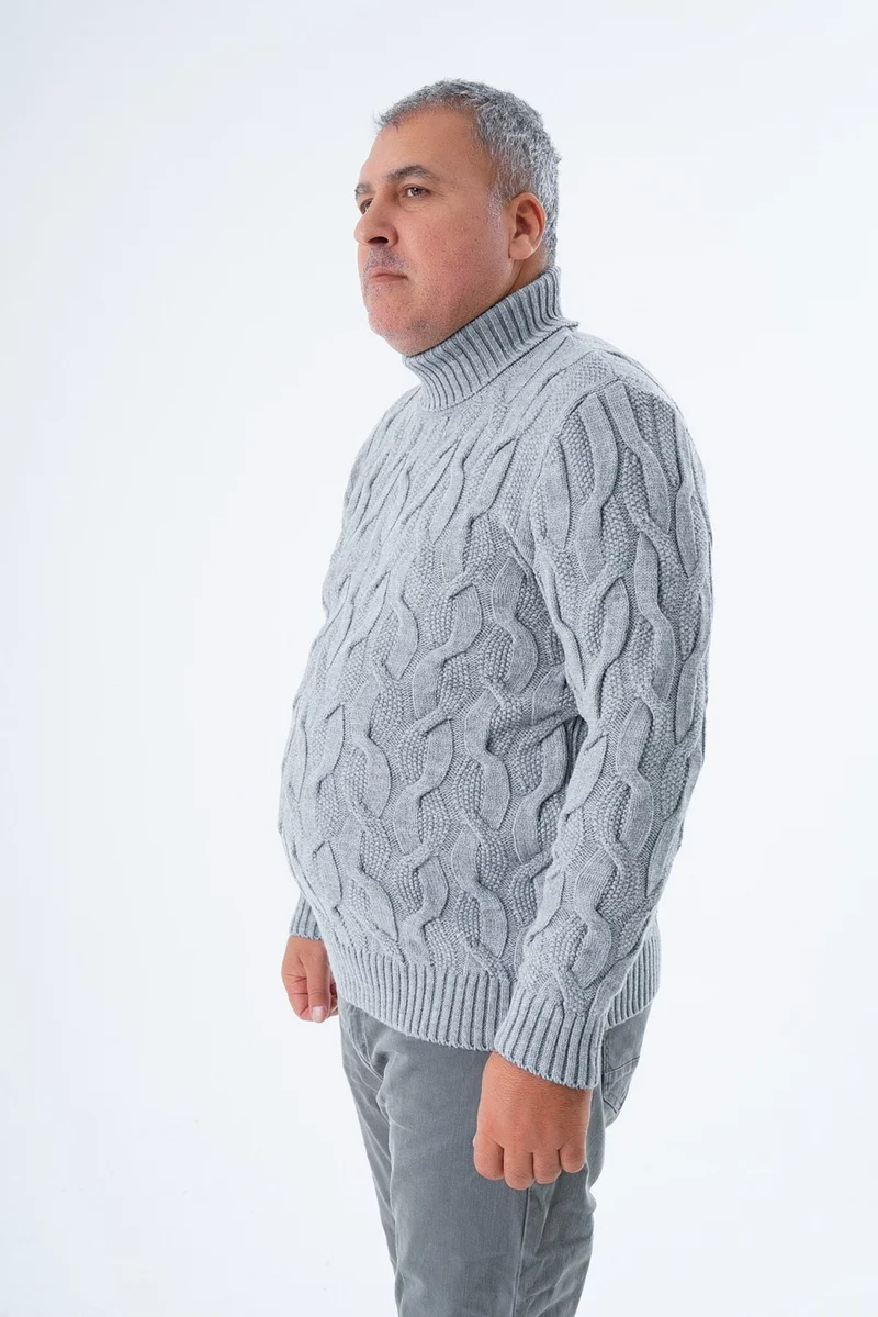 Trist Star Plus Size Men's Gray Turtleneck Rice Hair Knitted Wool Sweater Knitted Sweater TRIST-2118